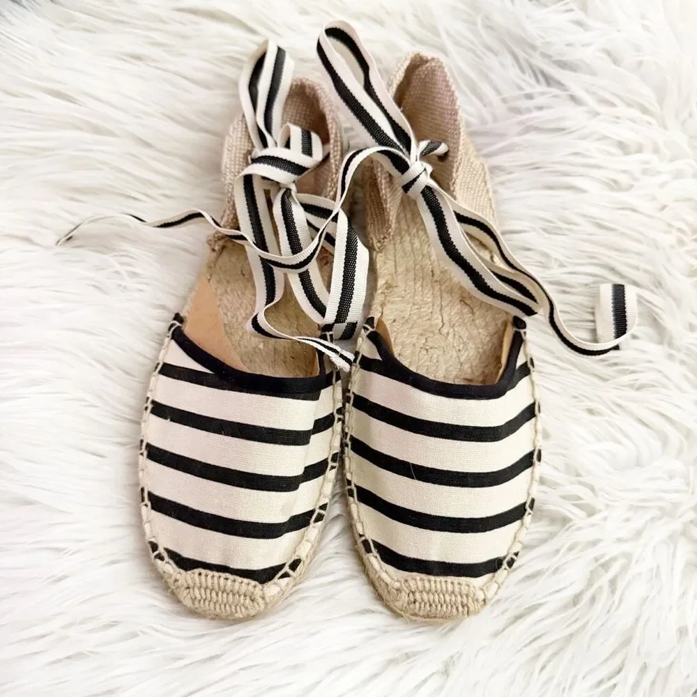 SOLUDOS | Striped Lace Up Canvas Espadrilles Flats Navy Natural Cream | Size 7